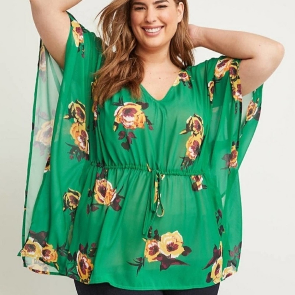 LANE BRYANT green floral chiffon tie waist top